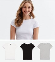 New Look 3 Pack Light Grey White and Black Ribbed Frill T-Shirts